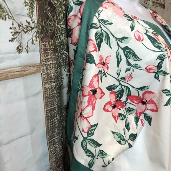 Floral Tunic Top Green White V-Neck Short Sleeve Blouse Boho Cottagecore XL - Picture 5 of 13